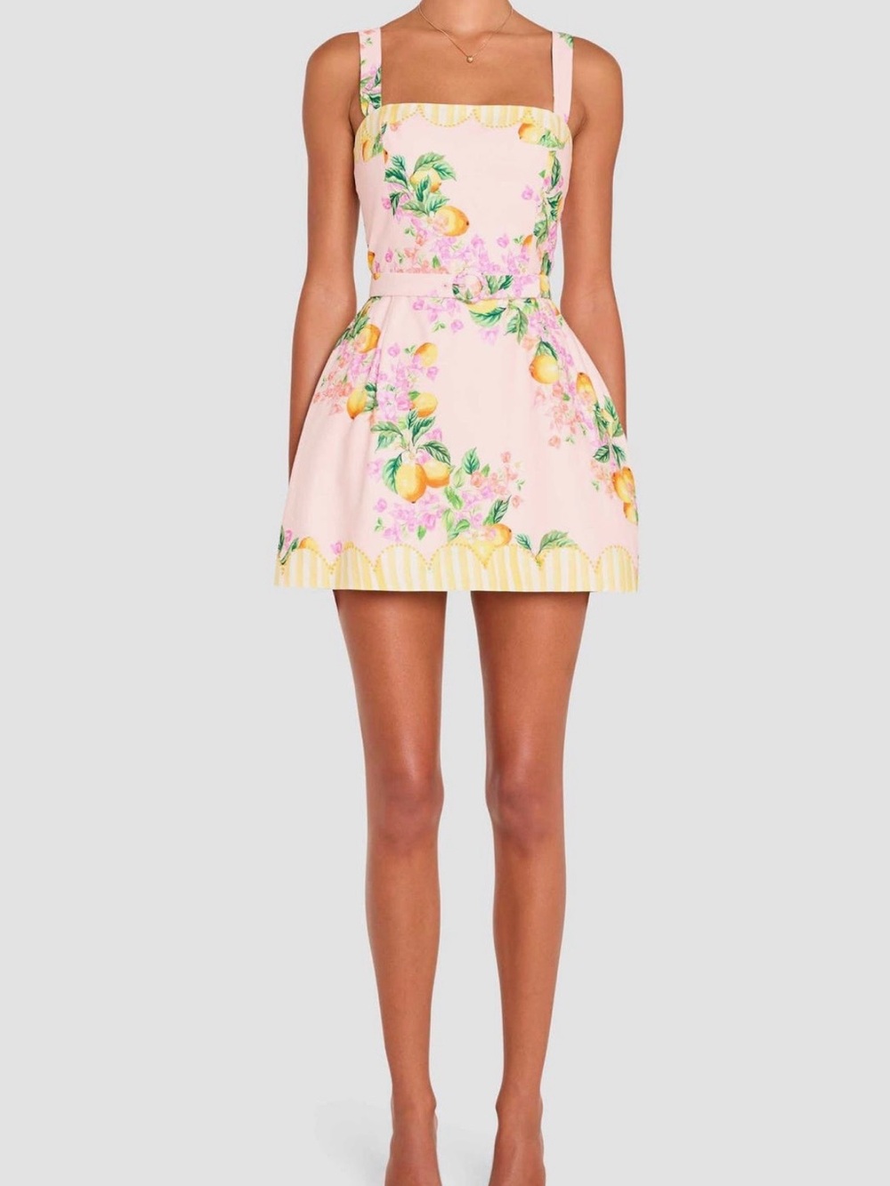 Amanda Uprichard Judie Lemon Print Belted Linen Blend Mini Dress Romper